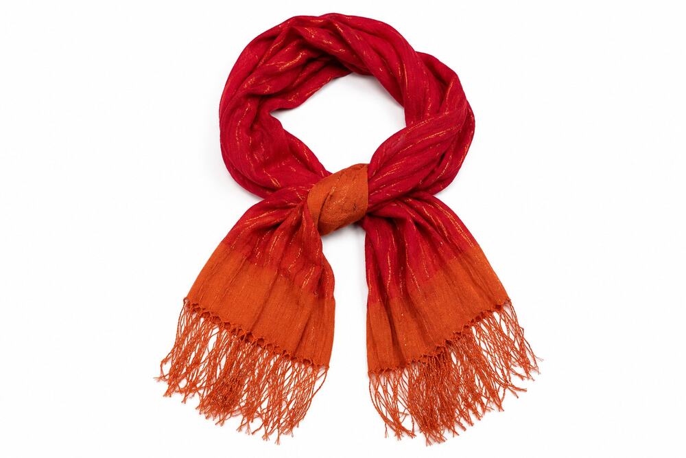 Red Orange Ombre Fringe Scarf Metallic Accent Shawl Wrap 23x80 Lightweight
